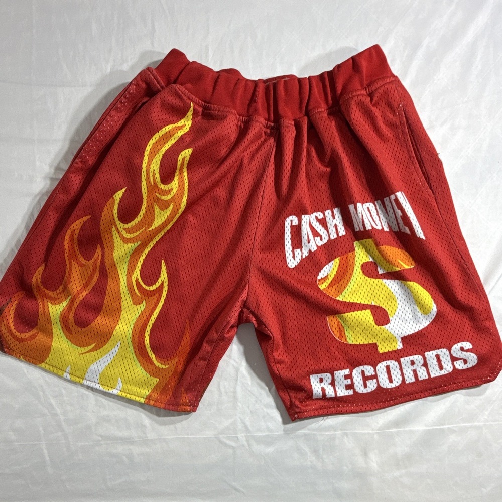 Cash Money Records Mens Red Mesh Basketball Shorts L Graphic Flame Pockets